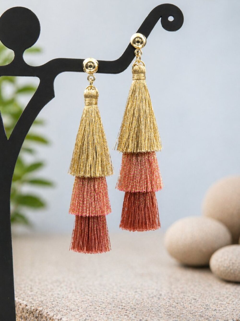 Layered Gold & Blush Tassel Earrings - Picture 5 of 5